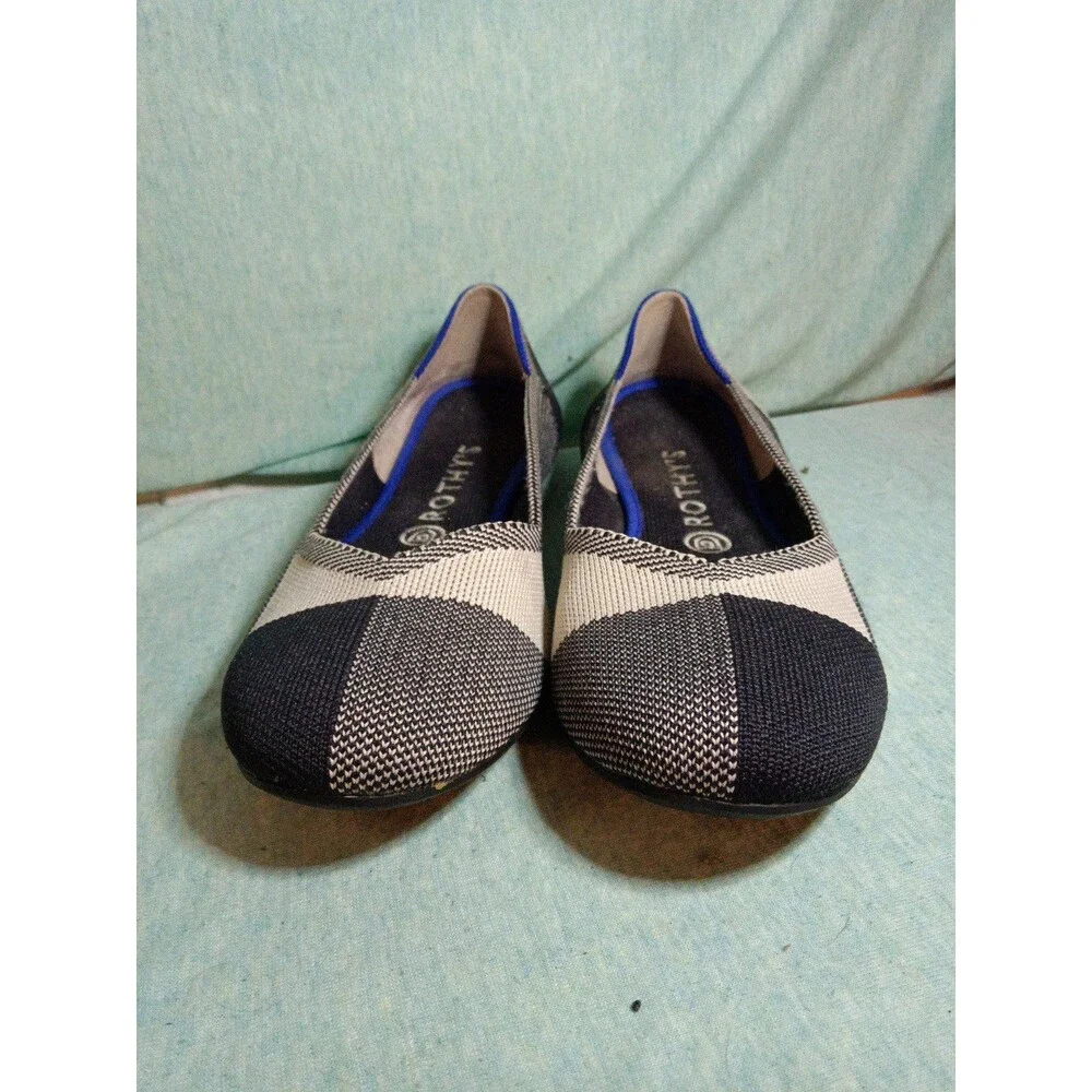 Rothy's Black and Cream Knit Flats with Blue Trim